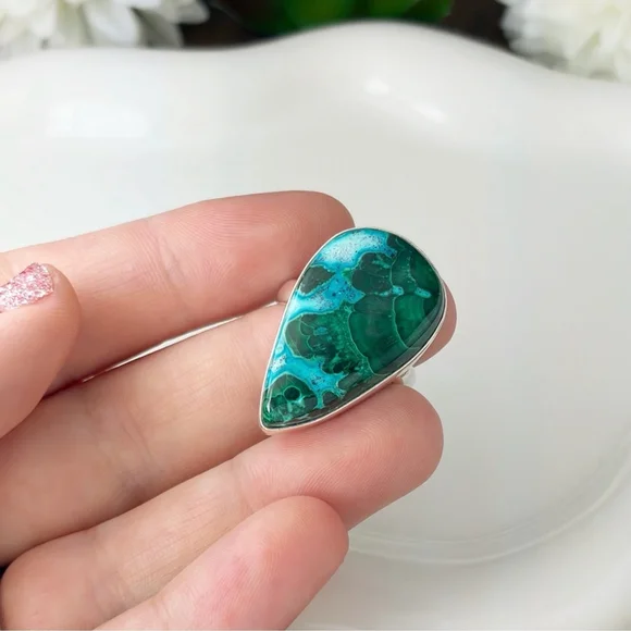 Malachite Chrysocolla Ring Size 8 1/4 8.25 Pure Sterling Silver 925 Southwest - Picture 3 of 9